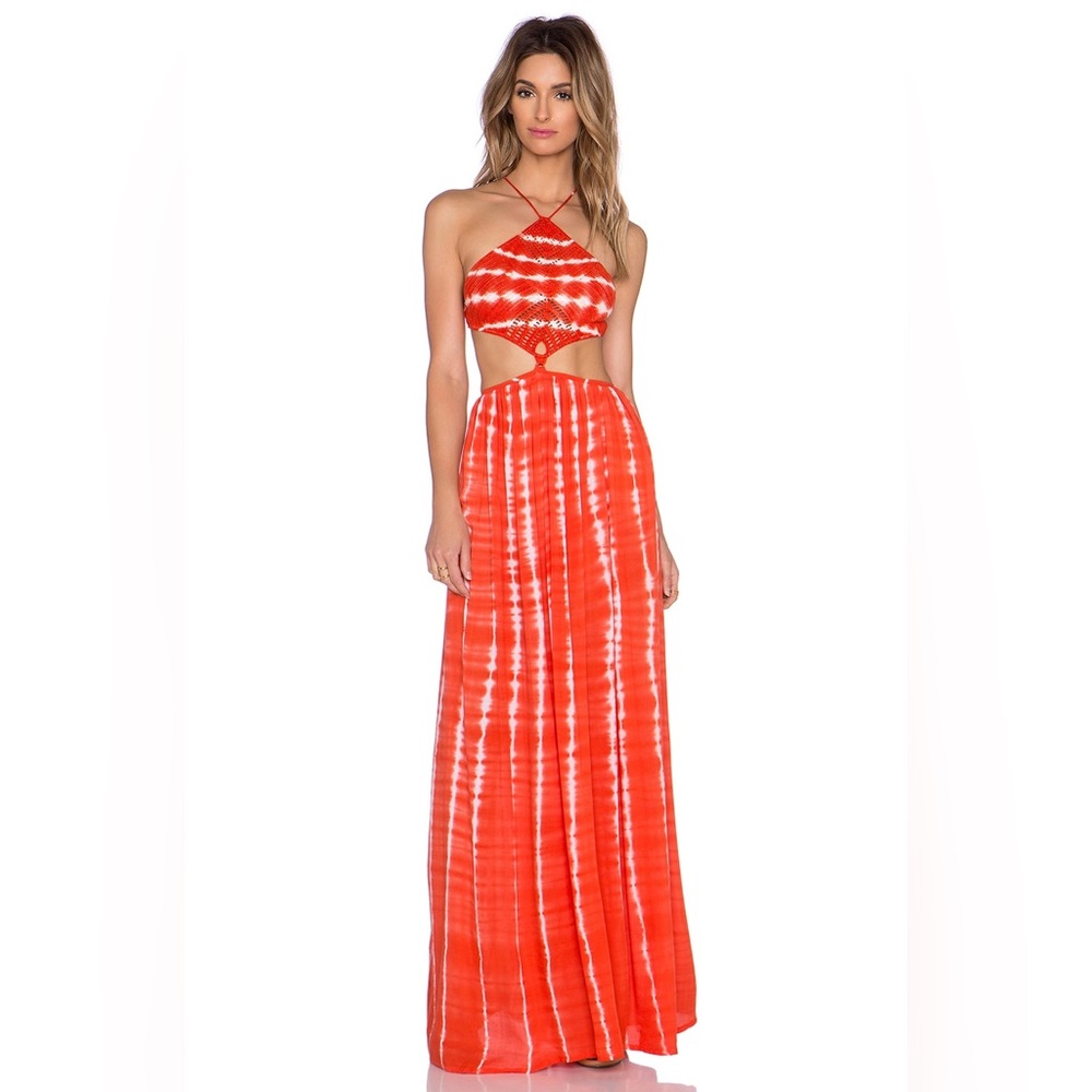 Indah Red and White Tie-Dye Cutout Maxi Dress